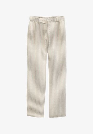 Beige en witte broek met verticale strepen, een trekkoord in de taille en een rechte pijp.