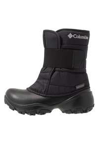 Musta vedenpitävä saapas, jossa on pehmustettu päällinen, tarraremmi ja kuvioitu kumipohja. Sisältää Columbian logon ja tikatun eristyskuvion.