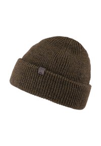 Gestrickte braune Beanie-Mütze mit umgeschlagenem Design, die ein kleines, strukturiertes Logo-Patch an der Seite und eine gerippte Textur hat.