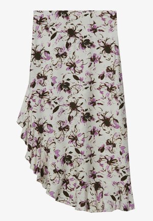 Jupe portefeuille en tissu léger avec des motifs de fleurs violettes et brunes, ourlet asymétrique avec des détails en volants.