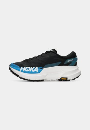 Black running shoe with blue and white accents. Features a textured mesh upper, thick sole, and Vibram branding on the outsole.