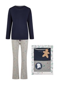 Haut de pyjama à manches longues navy associé à un pantalon gris clair orné d'un motif de fête coloré. Emballé dans une boîte décorative avec des accents.