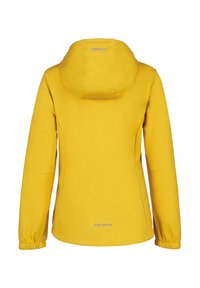 Giacca impermeabile gialla con cappuccio, polsini elasticizzati e texture liscia. Presenta un logo vicino all'orlo e cuciture minime per un design elegante.