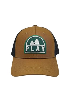 Casquette marron avec un patch brodé vert et blanc représentant des arbres et le mot "PLAY". Côtés en mesh noir et visière avant structurée.
