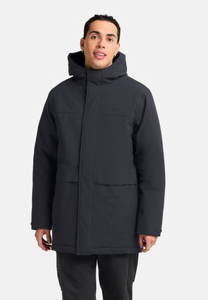 Veste extérieure gris foncé avec capuche, dotée d'une fermeture éclair frontale intégrale, de deux grandes poches avant et d'un tissu lisse et résistant à l'eau.