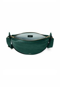 Borsa in pelle verde dalla forma rotonda, con zip dorata e tracolla regolabile. Interno foderato con tessuto chiaro e etichetta del marchio.