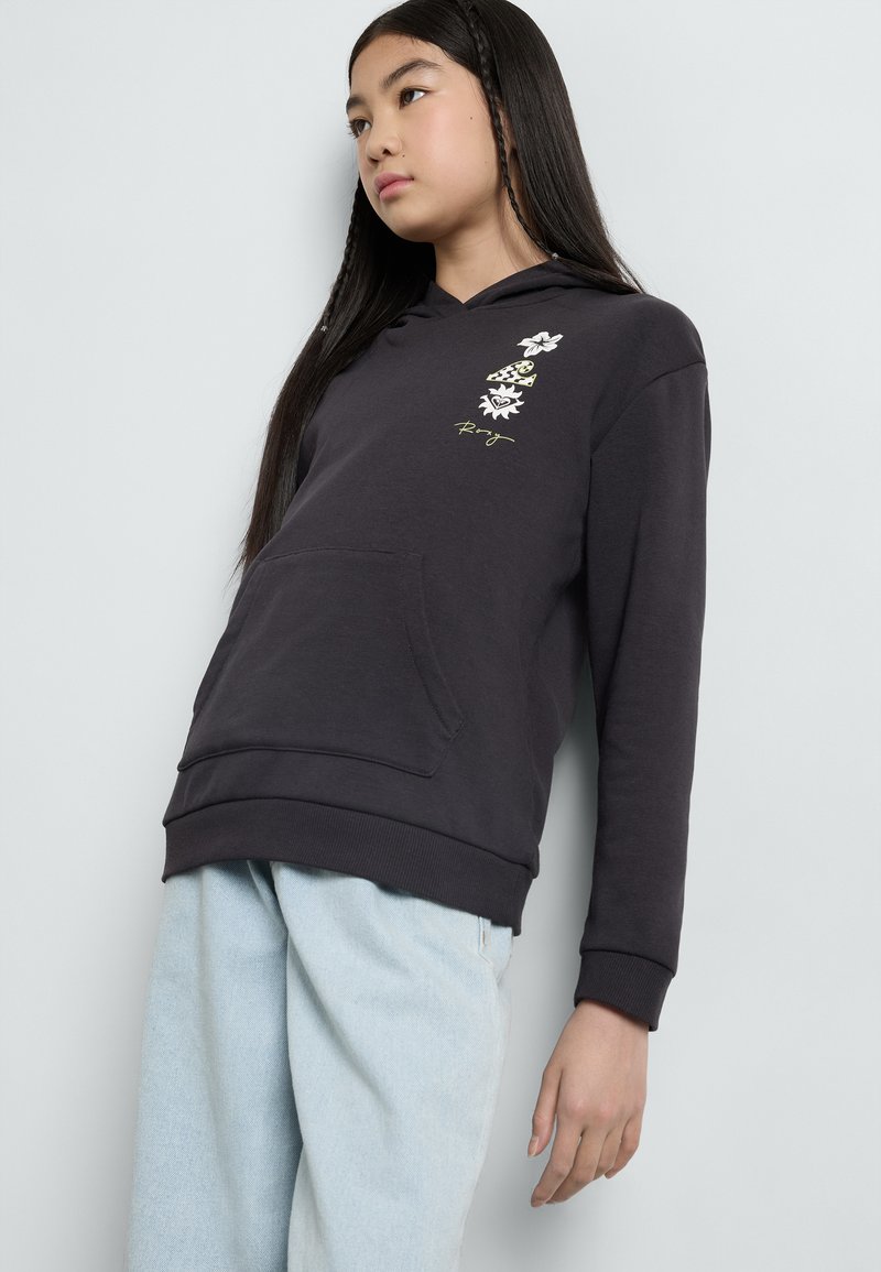 Sweatshirt com capuz em algodão cinza escuro, apresentando bordados florais em branco e verde, bolso canguru e punhos canelados. Corte descontraído.