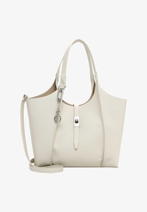 Off-white textured leather tote bag with dual handles, detachable shoulder strap, and silver-tone clasp and logo charm on front.