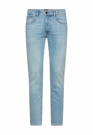 Light blue slim-fit jeans with front button and zipper closure, two front pockets, and two back pockets, displayed on white background.