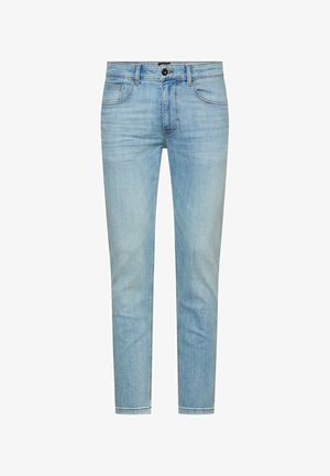 Light blue slim-fit jeans with front button and zipper closure, two front pockets, and two back pockets, displayed on white background.