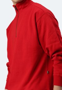 Rotes Zip-Hoodie mit hohem Kragen, aus weichem Baumwollmix, mit langen Ärmeln und dezentem Branding an den Seitennähten.