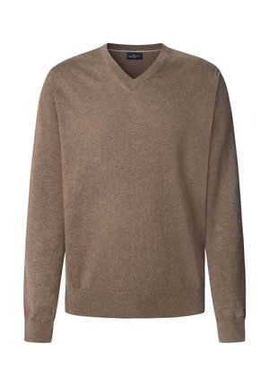 Bruine v-hals trui van zachte gebreide stof, met lange mouwen en geribde manchetten en zoom. Minimalistisch ontwerp zonder extra patronen of accenten.