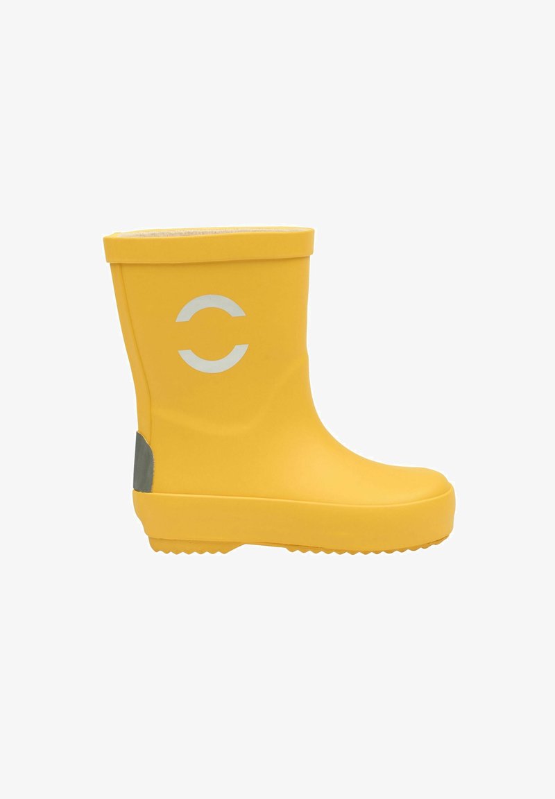 Botte de pluie en caoutchouc jaune avec un orteil arrondi, une semelle texturée et un accent gris au niveau du talon. Présente un logo circulaire blanc sur le côté.