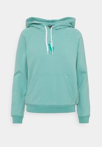 Sweatshirt à capuche vert menthe avec des cordons blancs, poche avant et un petit motif brodé sur la poitrine. Matière douce en mélange de coton.