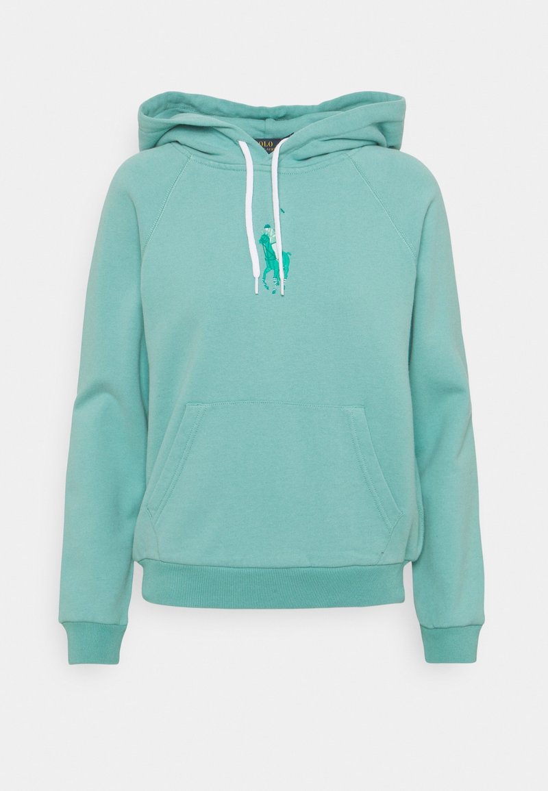 Sweatshirt à capuche vert menthe avec des cordons blancs, poche avant et un petit motif brodé sur la poitrine. Matière douce en mélange de coton.