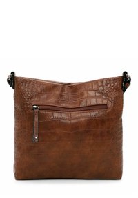 Braune Lederhandtasche mit Krokodilprägung, ausgestattet mit einem oberen Reißverschluss und einer vorderen Reißverschlusstasche. Verstellbarer Träger für vielseitigen Tragekomfort.