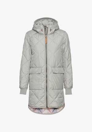 Lichtgrijze gewatteerde pufferjack met capuchon, twee voorzakken, ritsclosure en geribbelde manchetten. Beschikt over een contrasterende gemusterde voering.