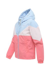 Light blue, white, and pink hooded jacket with front zipper, elastic cuffs, and side pockets, shown on a white background.
