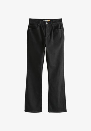 Fekete denim bőrnadrág klasszikus öt zsebes dizájnnal, fém gombos záródással és kontrasztos varrással. Puha tapintás és struktúrált fazon.