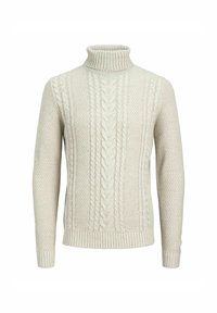 Suéter de cuello alto de punto de cable beige con puños y dobladillo acanalados, que presenta patrones texturizados y un ajuste cómodo. Hecho de tela de punto.