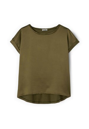 Lyhythihainen oliivinvihreä pusero pyöreällä kaula-aukolla ja hieman kaartuvalla helmaosalla, esiteltynä valkoista taustaa vasten.