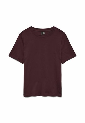 Ciemnoczerwony bordowy bawełniany T-shirt z krótkim rękawem i okrągłym dekoltem, ułożony płasko na białym tle.