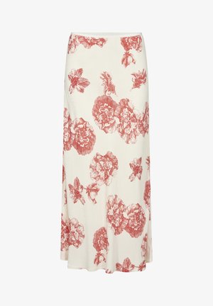 Lange A-lijn rok van crèmekleurige stof met een bloemenpatroon in tinten rood. Heeft een zachte textuur en een elastische tailleband voor extra comfort.
