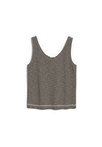 Canotta a righe nere e beige con scollo ampio, realizzata in tessuto leggero, caratterizzata da una vestibilità comoda e senza motivi aggiuntivi.