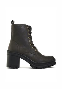 Dark brown lace-up ankle boots with a textured finish, metal eyelets, and a chunky black heel featuring a rugged sole.