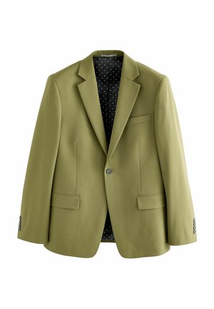 Olivgrüner Blazer mit Reverskragen, zwei Fronttaschen und einem einzelnen Knopfverschluss. Das Futter hat einen schwarzen Hintergrund mit weißen Punkten.