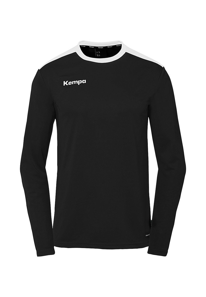 Sort langærmet sportsbluse med hvide skulderaccentuer. Fremstillet af letvægtsstof, har rund halsudskæring og "Kempa" logo på brystet.