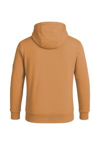 Kapuzenpullover in einem warmen, gedämpften Orangeton. Hergestellt aus glattem Stoff mit gerippten Bündchen und Saum. Verfügt über ein nahtloses Rückendesign.