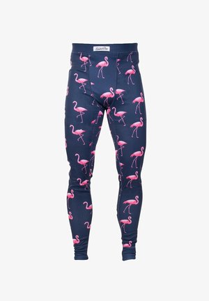 Marineblaue Leggings mit einem sich wiederholenden Muster von rosa Flamingos, aus dehnbarem Stoff mit einer strukturierten Ripp-Optik und einem bequemen Bund.