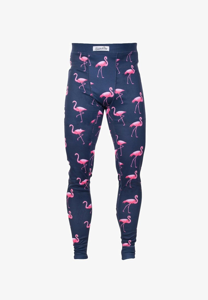 Navy leggings featuring a repeating pattern of pink flamingos, made from stretchy fabric with a ribbed texture and a comfortable waistband.