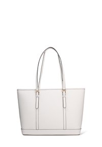 Witte draagtas van glad synthetisch materiaal, rechthoekige vorm, dubbele banden, gouden hardware accenten en ingezette stikdetails.