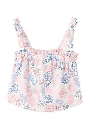 Haut sans manches blanc pour tout-petit avec des motifs de coquillages roses, violets et bleus et smocks élastiques sur la poitrine.