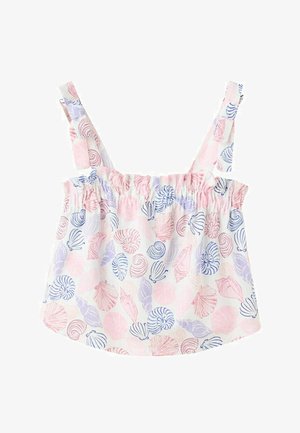 Biała bezrękawnikowa bluzka dla malucha z różowymi, fioletowymi i niebieskimi wzorami muszelek oraz elastycznym marszczeniem na wysokości klatki piersiowej.