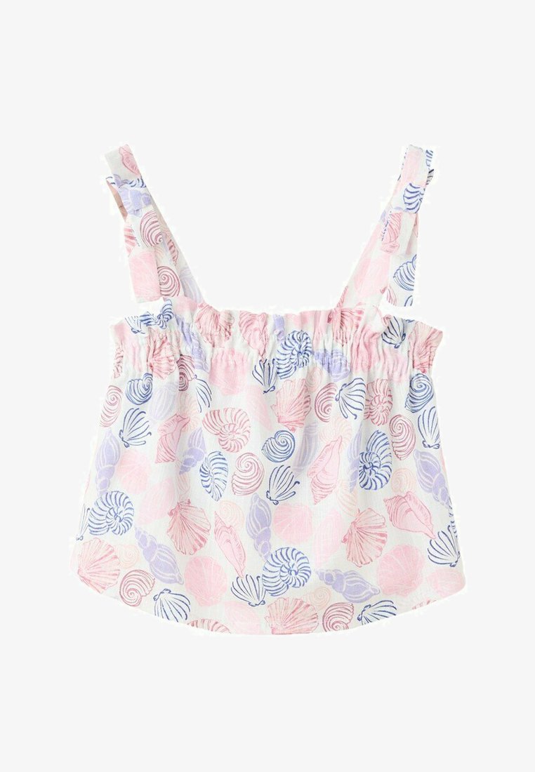 Haut sans manches blanc pour tout-petit avec des motifs de coquillages roses, violets et bleus et smocks élastiques sur la poitrine.