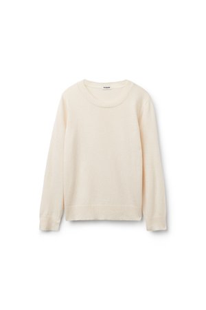 Pull tricoté à manches longues de couleur crème avec col rond, poignets et ourlet côtelés, présenté à plat sur fond blanc.