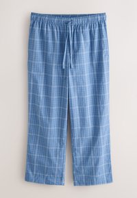 Light blue plaid pajama pants with elastic waist and drawstring, laid flat on a plain light background.