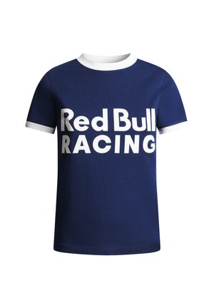 Marineblaues T-Shirt mit weißem Kragen und Manschetten, ausgestattet mit großem weißen "Red Bull RACING"-Schriftzug auf der Vorderseite.