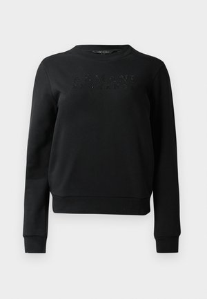 Fekete pulóver, puha anyagból készült, bordázott kerek nyakrésszel és mandzsettákkal. Az elülső részen dombornyomott betűkkel szerepel az "ARMANI EXCHANGE" felirat.