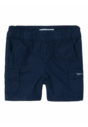 Pantalones cortos azul marino de tejido ligero, con una cinturilla elástica, dos bolsillos laterales y un bolsillo cargo. Textura suave.