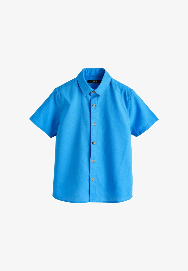 Chemise à manches courtes bleu vif avec boutons en bois et col classique, posée à plat sur un fond blanc.