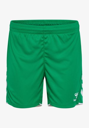 Groene sportshorts met elastische tailleband en witte chevronpatronen aan de zijkanten, met een klein logo near de zoom.