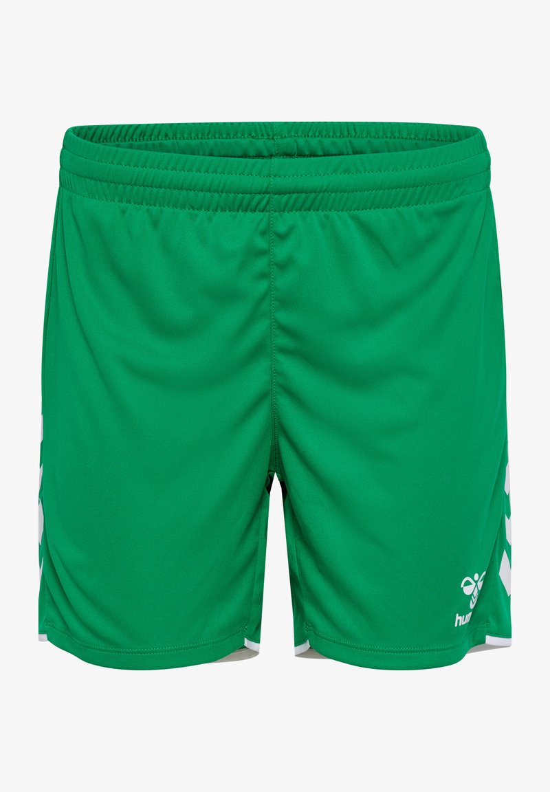 Zielone sportowe spodenki z elastycznym pasem i białymi wzorami w kształcie szewronów po bokach, z małym logo w pobliżu krawędzi.