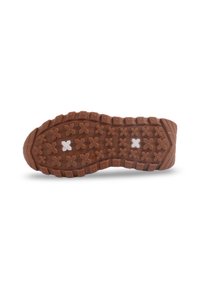 Semelle de chaussure en caoutchouc brun avec un motif texturé, présentant des croix et des ridelles circulaires pour l'adhérence. Construction solide avec un bord épais.