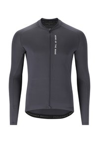 Maillot de cyclisme à manches longues en gris foncé avec une fermeture éclair sur le devant. Présente le texte "HÉROS DE LA ROUTE" et le logo "ENDURANCE" au bas. Texture lisse.