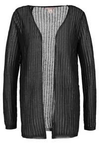 Černý kardigan s otevřeným předním dílem, v designu s výstřihem do V, dlouhými rukávy a průsvitnou žebrovanou texturou. Vyroben z lehké tkaniny vhodné pro vrstvení.