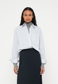 Light blue striped button-up shirt with long sleeves, paired with a pleated black skirt and grey turtleneck underneath.